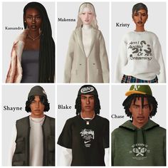 six different types of wigs for males and females with long hair, wearing hoodies or sweatshirts