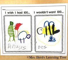 two stamps with children's drawings on them, one has words and the other says i wish i had 100