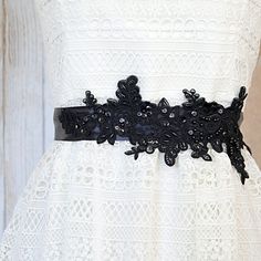 "Beautiful and lovely black pearl beaded lace sash. Made of 10\" x 4\" pearl beaded black flower alencon lace hand sew on 2\" wide black satin ribbon. Soft and simple design sash total length is 105\" long. Your beautiful sash will ship in a lovelike gift box. ♥Black Beaded Lace 10\" x 4\" ♥2\" Wide Satin Ribbon ♥Style - Adult Sash 105\" -Flower Girl Sash 78\" ♥available in light gold, white, navy, wine and ivory color www.etsy.com/listing/188137150/champagne-pearl-beaded-lace-sash-bridal If you Elegant Lace Bridal Belt For Party, Elegant Fitted Black Sashes, Elegant Black Sash For Evening, Elegant Black Party Sash, Embellished Party Sash, Embellished Fitted Sash For Party, Lace Wedding Garter Set, Lace Sash, Bridesmaid Sash