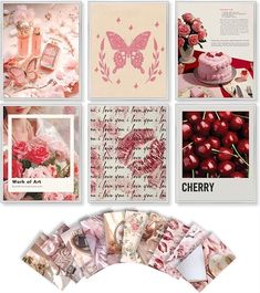 there are many cards and pictures on the wall with cherry designs in them, including cherries