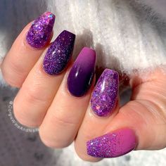 Purple And Pink Nails, Purple And Silver Nails, Shiny Nails Designs, Purple Ombre Nails, Purple Glitter Nails, Glitter Nails Acrylic, Purple Acrylic Nails, Pink Glitter Nails, Gel Nail Art Designs