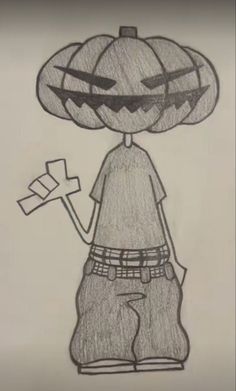 a drawing of a person with a pumpkin on his head