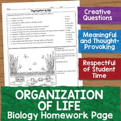 the organization of life biology homework book with four different colored papers on top of it