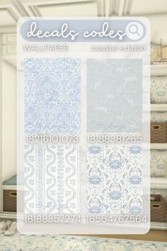 some blue and white wallpapers in a room with shelves, drawers and baskets