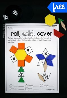 roll, add, cover printable activity for kids to practice number recognition and addition skills