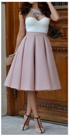 Pure Color High Waist Pleated A-line Skirt on Luulla Projek Menjahit, Guest Outfit, Knee Length Skirt, Mode Inspiration, A Dress, Look Fashion, Pretty Dresses, A Line Skirts, Strapless Dress Formal