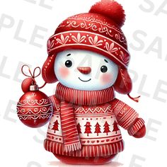 a snowman with a red hat and scarf holding a christmas ornament in his hand