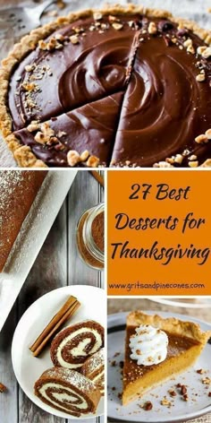 desserts for thanksgiving with chocolate frosting on top and pumpkin pie in the middle