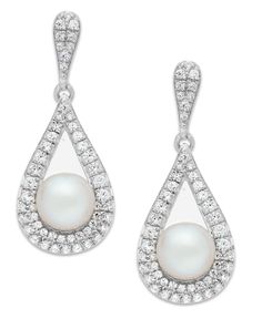 Inspire elegance with these teardrop-shaped earrings emblazoned with single-cut diamonds (1/2 ct. t.w.). Crafted in 14k white gold, cultured freshwater pearls (5-1/2mm) complete the look. Approximate drop: 7/8 inch. White Gold Drop Earrings, Earrings White Gold, White Gold Diamond Earrings, White Gold Earrings, White Gold Jewelry, Freshwater Cultured Pearls, Diamond Drop Earrings, Cultured Pearls, Wedding Earrings