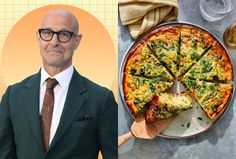 a man in a suit and tie next to a pizza on a platter with slices missing