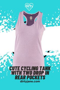 a pink tank top with the words cute cycling tank with two drop in rear pockets