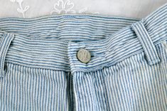 "1980s denim shorts by Gitano in a blue and white striped pattern. Cute mix of stripe sizes. Zippered fly and Gitano metal silver button and rivets. Pockets in front and back. Cuffed. Good condition. Size 12. Measurements - Waist - 30\" Hip - 42\" Rise - 12\" Length - 20.5\" Please note that sizes listed in the title, such as S, M or L, are estimates based on the measurements of the garment and used for search purposes. Please take note of the actual measurements and compare with an item of clot Striped Cotton Bottoms With Button Closure, Vintage Cotton Bottoms With Vertical Stripes, Vintage Striped Short Bottoms, Pleated Dress Short, 80s Shorts, Vintage Denim Shorts, Vintage Runway, Strapless Prom Dresses, Denim Chic