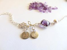 Birthstone Bracelet, Initial charm, Flower bracelet, Amethyst Jewelry, February Jewelry, Personalized Custom Birthday gift, Flower girl Gift.Choose your BIRTHSTONE & INITIALS to make this piece individually yours.As with all of our pieces this Birthstone necklace is made with great care, each letter or symbol is hand stamped and polished by hand.Size:**  Disc diameter is 10 mm** Size of flower is about 14 mm X 20 mmTotal length is approx 6 inches with a 1 inch extension makes this Bracelet total Handwritten Necklace, Handwriting Necklace Custom, Engraved Heart Necklace, Initial Charm Bracelet, Handwriting Necklace, Handwriting Jewelry, Bracelet Initial, Custom Birthday Gifts, Gift Flower