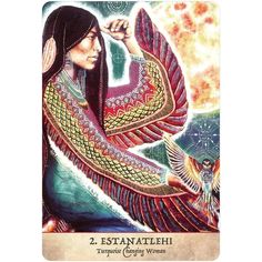 a card with an image of a woman holding a bird in her hand and the words, 2 esttanateh