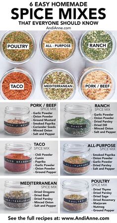 spice mixes in glass jars with instructions for how to mix them and what to use them