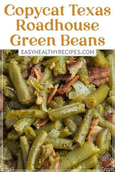 green beans with bacon and other toppings in a white bowl