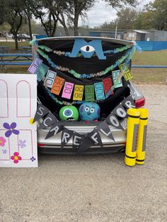 the back end of a car with decorations on it