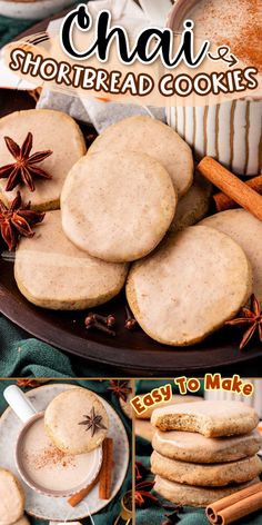 the recipe for cinnamon spice shortbread cookies is shown on a plate with cinnamons and spices