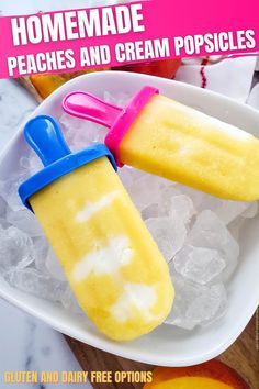 homemade peaches and cream popsicles on ice with text overlay that reads homemade peaches and cream popsicles