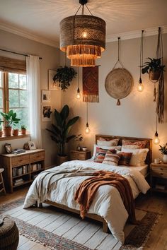 a bed room with a neatly made bed and hanging plants