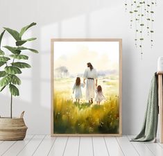 a painting of two women and a child walking through a field