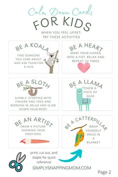 a poster with the words calm down cards for kids to learn how to use them