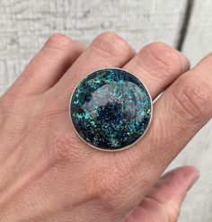 Large Round Multi Colored Azurite Sterling Silver Ring | Large Round Blue Stone Ring | Statement Ring | Boho Ring | Gifts for Her by GildedBug on Etsy Round Chrysocolla Cabochon Jewelry, Turquoise Chrysocolla Ring With Natural Stones, Round Chrysocolla Gemstone Jewelry, Chrysocolla Gemstone Jewelry, Blue Cabochon Dome Ring, Sterling Silver Turquoise Ring With Large Stone, Wire Cuff, Blue Stone Ring, Star Ring