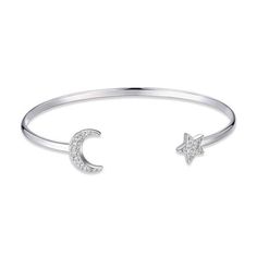 As lovely as can be, this dreamy fashion cuff bracelet gleams with celestial charm. Crafted in sterling silver, this playful look showcases a sculpted moon and star - each adorned with shimmering lab-created white sapphires and punctuating one side of this open design. Polished to a bright shine, this bracelet measures 7.25 inches in circumference and slips on and off for easy wear. Dreamy Fashion, Crescent Moon And Star, Moon Bracelet, Moon And Star, Hinged Bracelet, Open Design, Sapphire Stone, Gemstone Bracelets, White Sapphire