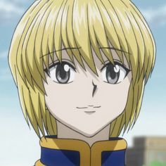 an anime character with blonde hair and blue eyes looking at the camera while standing in front of some buildings