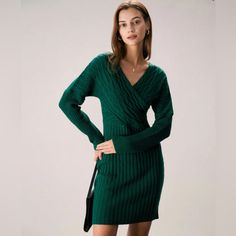 Description: This Bodycon Mini Dress Is A Stunning And Elegant Dress That Is Perfect For Any Occasion. The V-Neck And Long Sleeves Deisgn Adds A Touch Of Sophistication To The Dress, While The Wrap And Bodycon Deisgn Add A Unique And Eye-Catching Element. The Medium Stretch And Slim Fit Make It Comfortable And Easy To Wear, While Also Creating A Flattering Silhouette That Accentuates The Figure. Details: - Green - Daily - Vintage & Brief - Solid Color - Bodycon - Wrap - V-Neck - Long Sleeves - M Green V-neck Mini Dress For Winter, Chic Green Mini Dress For Winter, Green V-neck Sweater Dress For Fall, Elegant Green Mini Sweater Dress, Chic Green V-neck Sweater Dress, Green V-neck Sweater Dress For Spring, Red V Neck Dress, Mimi Dress, Sweater Mini Dress