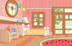 a cartoon bedroom with watermelon rug and pink walls, wooden floors and windows