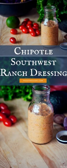 two jars filled with ranch dressing sitting on top of a wooden table next to vegetables