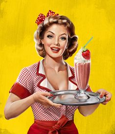 a painting of a woman holding a tray with a strawberry milkshake on it