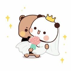 a teddy bear holding a bouquet of flowers with a crown on it's head