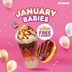 an ad for dunkin'donuts featuring two drinks and one doughnut with toppings