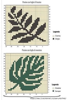 two cross stitch patterns, one with a leaf and the other with a flower on it