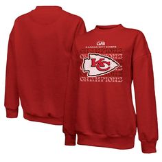 Celebrate the Kansas City Chiefs' Super Bowl LVIII triumph with the Majestic Threads Red Kansas City Chiefs Super Bowl LVIII Champions Retro Repeat Pullover Sweatshirt. Crafted from a blend of polyester, cotton, and rayon, this midweight sweatshirt proudly displays screen-printed graphics featuring the Chiefs' iconic logo and Super Bowl LVIII Champions lettering. Ribbed cuffs, collar, and hem ensure a comfortable fit, making it the perfect way to showcase your unwavering support for the Kansas C University Red Long Sleeve Sweatshirt With Letter Print, University Red Long Sleeve Letter Print Sweatshirt, Red Fall Fan Apparel Sweatshirt, University Red Long Sleeve Tops For Winter, University Red Long Sleeve Top, University Red Letter Print Tops For Winter, Chiefs Super Bowl, Nfl Kansas City Chiefs, Event Outfit