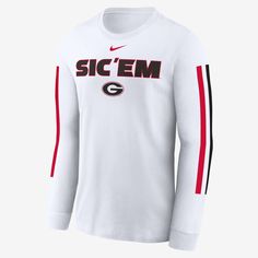 Made with soft cotton fabric for continuous comfort, the Georgia Bulldogs Local Spirit Slogan T-Shirt puts love for your favorite team front and center in bold graphics. Collegiate Crew T-shirt For Fan Gear, White Nike T-shirt For Game Day, White Jersey Sports Fan Top, White Jersey T-shirt For Football Season, Sporty White T-shirt For Fan Gear, White Fan Apparel Tops For Fan Merchandise, White Fan Apparel Tops, White Fan Apparel Tops For Merchandise, White Fan Merchandise Tops