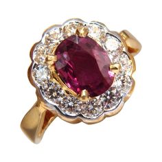 GIA Certified 1.61Ct Natural Ruby Ring Report: 6177094723 Oval cut Clean Clarity 8.53 X 6.50 X 3.15mm GIA: Purpulish Red Heat Only. 1.01ct. side round diamonds. G-color vs-2 clarity. 18kt. yellow gold 6.5 Grams. Rings Size: 7 & can be resized, please inquire first. Deck of ring: .55 X .54 inch $14,000 Appraisal & GIA Report to accompany. Luxury Vintage Multi-stone Ruby Ring, Luxury Oval Pink Gold Ruby Ring, Luxury Ornate Oval Ruby Ring, Luxury Oval Cabochon Ruby Ring For Anniversary, Luxury Oval Ruby Ring With Halo Setting, Natural Ruby Ring, Diamonds Ring, Ruby Ring, Natural Ruby