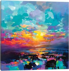 an abstract painting with blue, pink and yellow colors in the sky over water at sunset