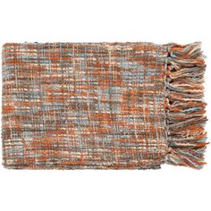 an orange and blue plaid blanket with fringes on it, against a white background