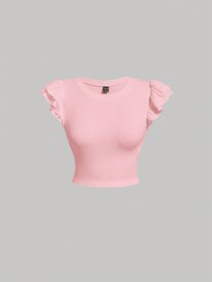 Solid Butterfly Sleeve Crop Tee Baby Pink Casual  Cap Sleeve Knitted Fabric Plain  Slight Stretch  Women Clothing, size features are:Bust: ,Length: ,Sleeve Length: Butterfly Sleeve, Casual Cap, Butterfly Sleeves, Women T Shirts, Clean Girl, Crop Tee, Cap Sleeve, Baby Pink, All Fashion