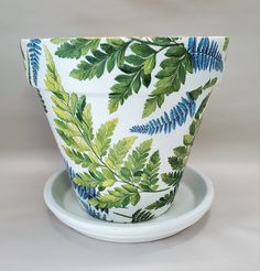 a green and blue planter sitting on top of a white plate next to a cup