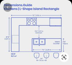 a kitchen with measurements for the island and cabinets