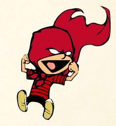 an image of a cartoon character with red hair and black pants, jumping in the air