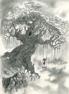 a drawing of a tree that is hanging from a branch with two people on it