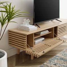 an entertainment center with a flat screen tv on it's stand, next to a potted plant