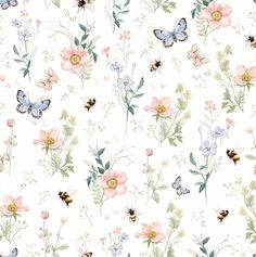 a white background with flowers and butterflies on it