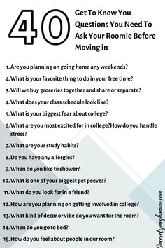 a poster with the words 40 questions you need to ask your roomie before moving in