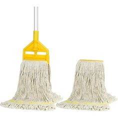 two yellow mop heads on top of each other, with one cleaning brush in the middle